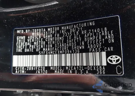 2021 Toyota Corolla Se Nightshade Edition из США, поврежденный, VIN 5YFS4MCEXMP094136